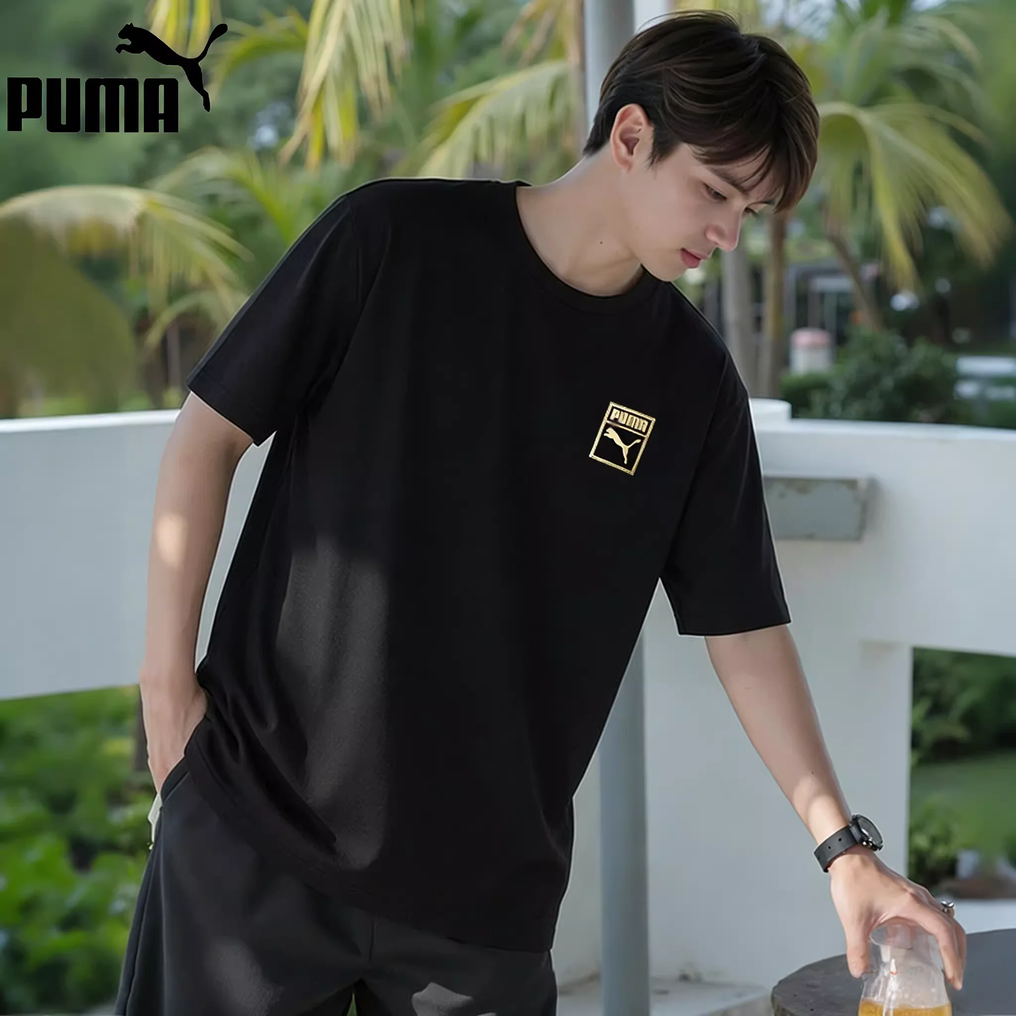 

PUMA Men's Short Sleeve T-shirt New Style Crew Neck Casual Cotton Half Sleeve Breathable Running Sports Gold Logo Top 689270-01