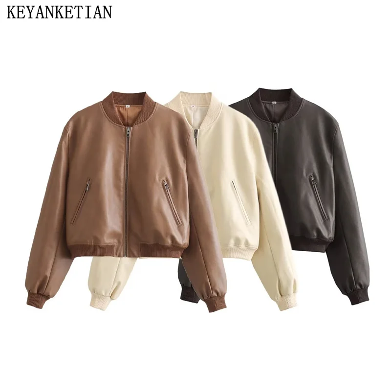 Keyanketian เสื้อโค้ทหนังเทียมสำหรับผู้หญิง, เสื้อแจ็คเก็ตหนังพียูทรงหลวมคอตั้งเย็บต่อกันฤดูใบไม้ร่วง/ฤดูหนาว