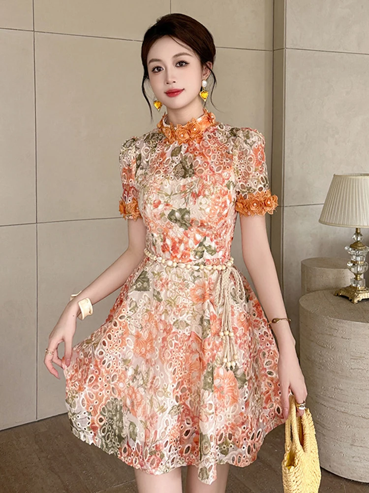 

Elegant Cute Floral Lace Dress Women Clothes Gentle Hollow Flowers Short Sleeve Belt Gown Femme Date Party Prom Vestidos Fiesta