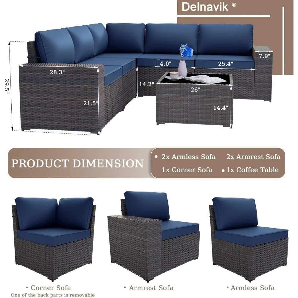6 Pieces Patio Furniture Set, Rattan Outdoor Conversation Sets W/4 Inch Cushion And Glass Coffee Table(navy Blue)