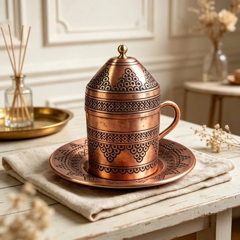 Handmade Pure Copper Turkish Coffee Cup Set, Royal European Style Espresso Mug Gift Box with Enamel, Premium Drinkware Decor.
