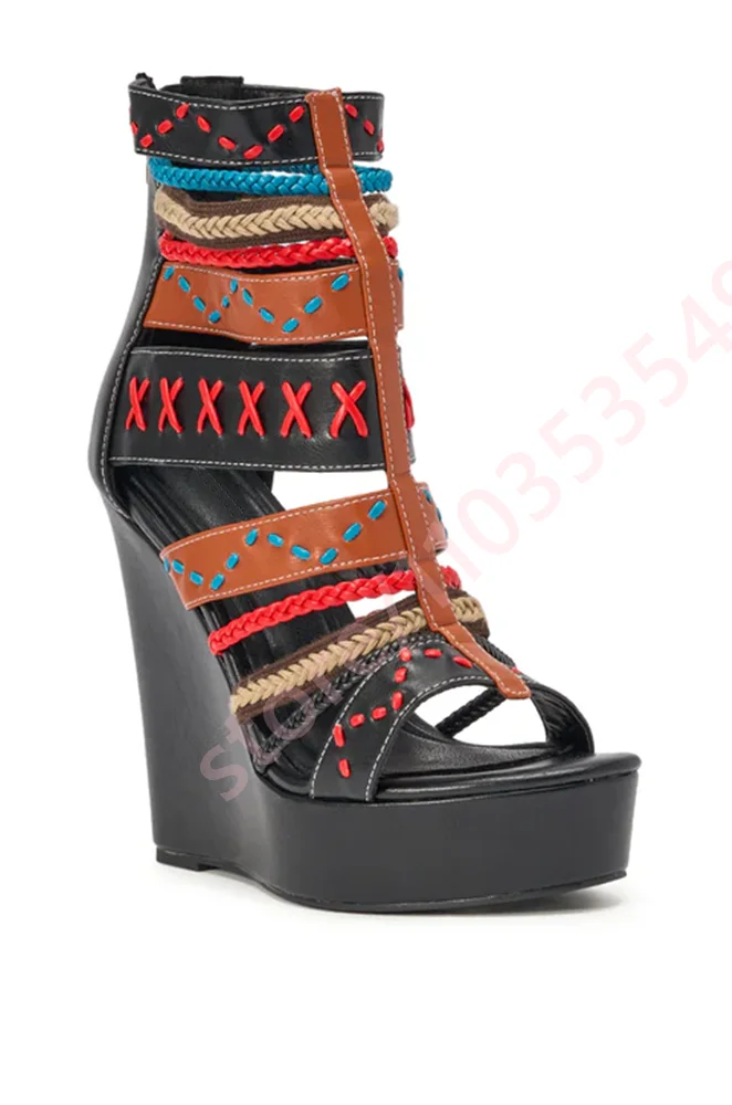 2026 Boho Colorful Braided Strap Platform Wedge Sandals Women Multicolor Stitch Ankle Cuff Open Toe Ethnic Summer High Heels