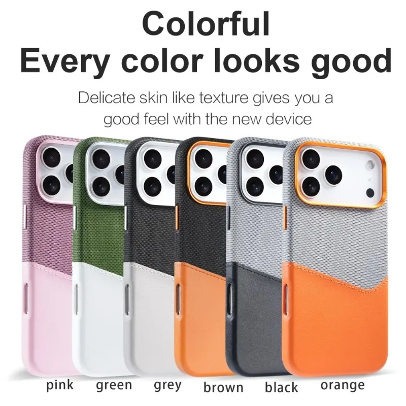 Etui na iPhone 17 Pro Max z teksturą skóry i materiału, z przegródką na karty i magnetycznym zamknięciem, pasujące również do iPhone 16, 15, 14 Plus, 13, 12