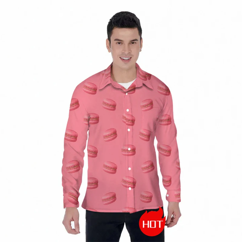 Macarons Dessert 3D Printed Long Sleeve Shirts For Men Clothes Funny Cake Graphic Unisex Lapel Blouse Hip Hop Male Button Tops