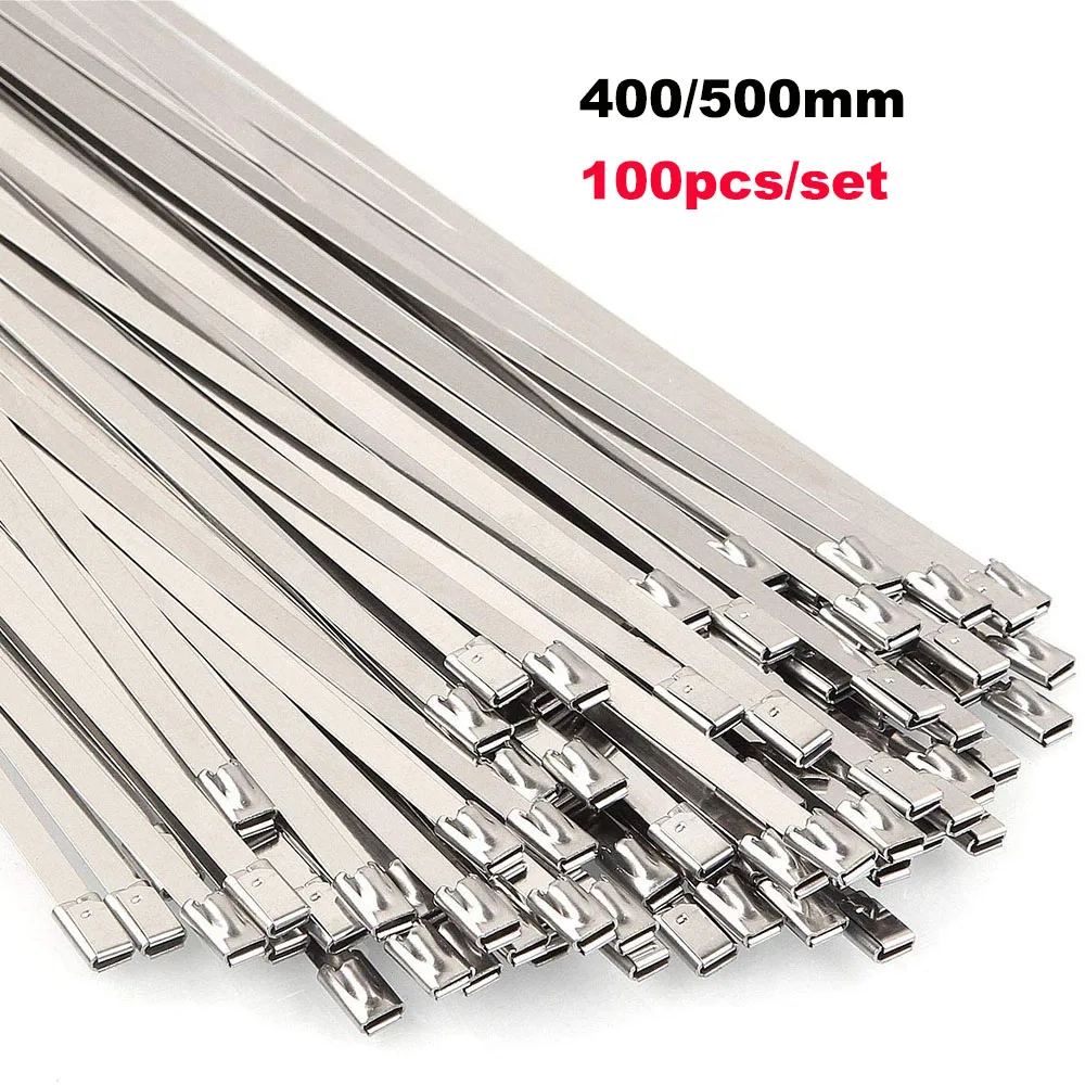 304#Stainless Steel Cable Ties Length 400/500mm Self-Locking Cable Zip Tie Multi-Purpose Metal Exhaust Wrap Locking 100Pcs Ties