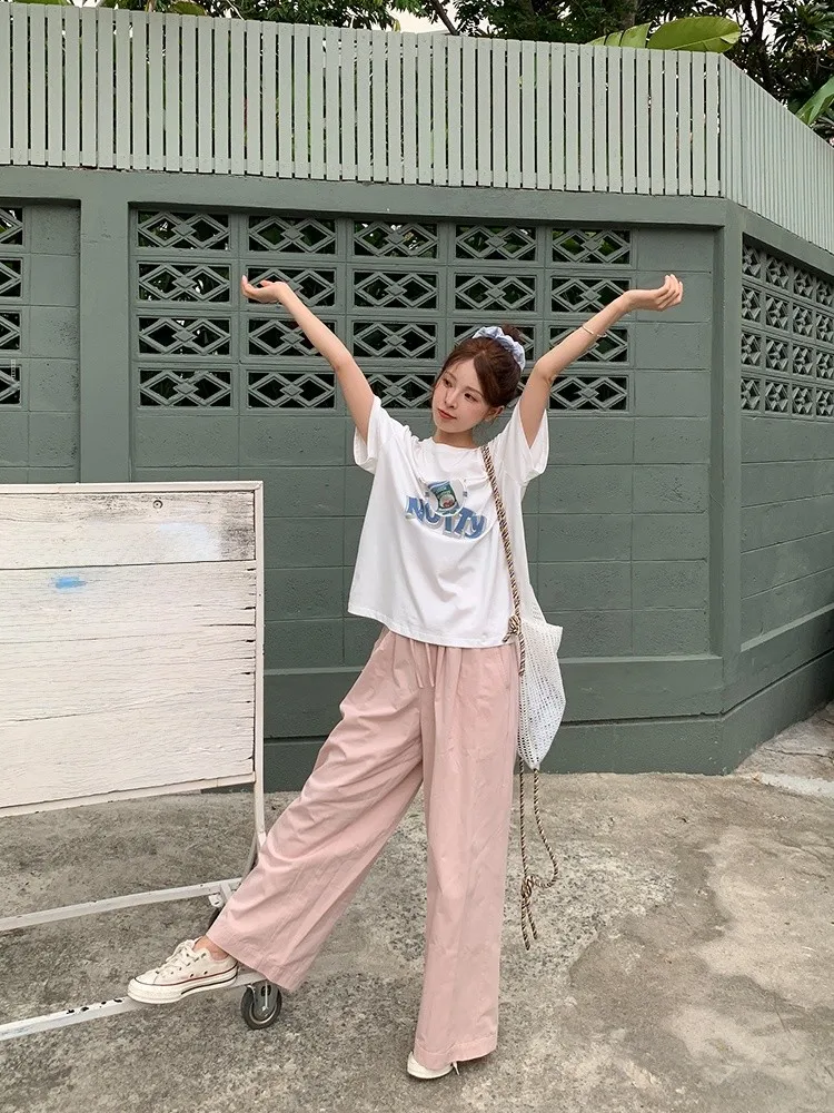 

Pink Wide Leg Casual Pants Summer Thin New Loose Walking Pants High Waist Long Pants Comfortable Women's Faion plus Size