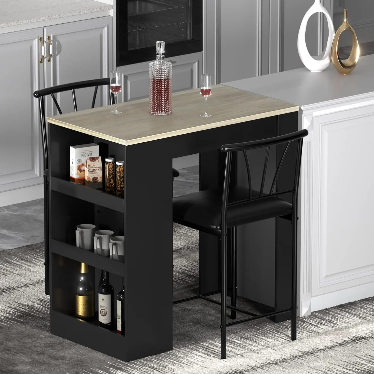 Small Bar Table and Chairs Tall Kitchen Breakfast Nook with Stools/Dining Set for 2, Storage Shelves, Space-Saving, Gray