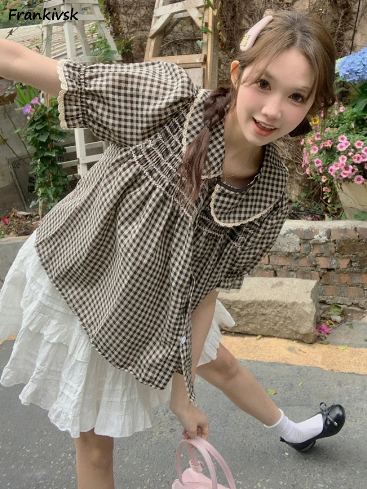 

Shirts for Women Sweet Girls College Summer Short Sleeve Casual Cute Retro Y2k Loose Korean Style Plaid Peter Pan Collar Button