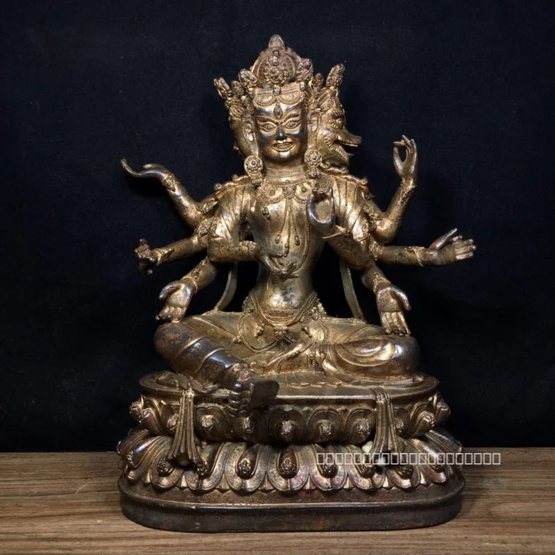 

29cm Nepalese Tibetan Pure Copper, Mud Gold, Three Faced and Eight Arm Buddha Carving with Gold Removal