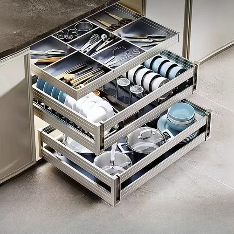 

Kitchen cupboard basket drawer cupboard bowl aluminum alloy storage rack three-layer all-aluminum