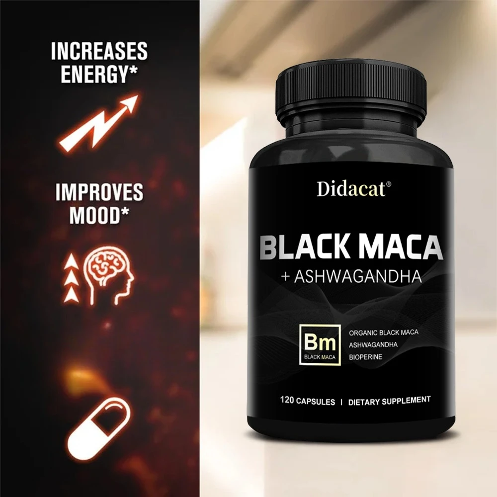 Organic Black Maca + Ashwagandha - High-concentration Black Maca Capsules for Men, Supporting Strength, Endurance, and Vitality