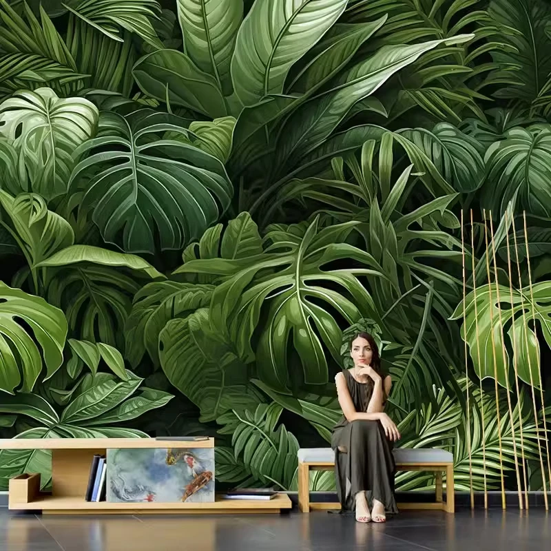 

Custom wallpaper 3D green plant tropical rainforest background wall Southeast Asian pastoral and natural style decoration mural