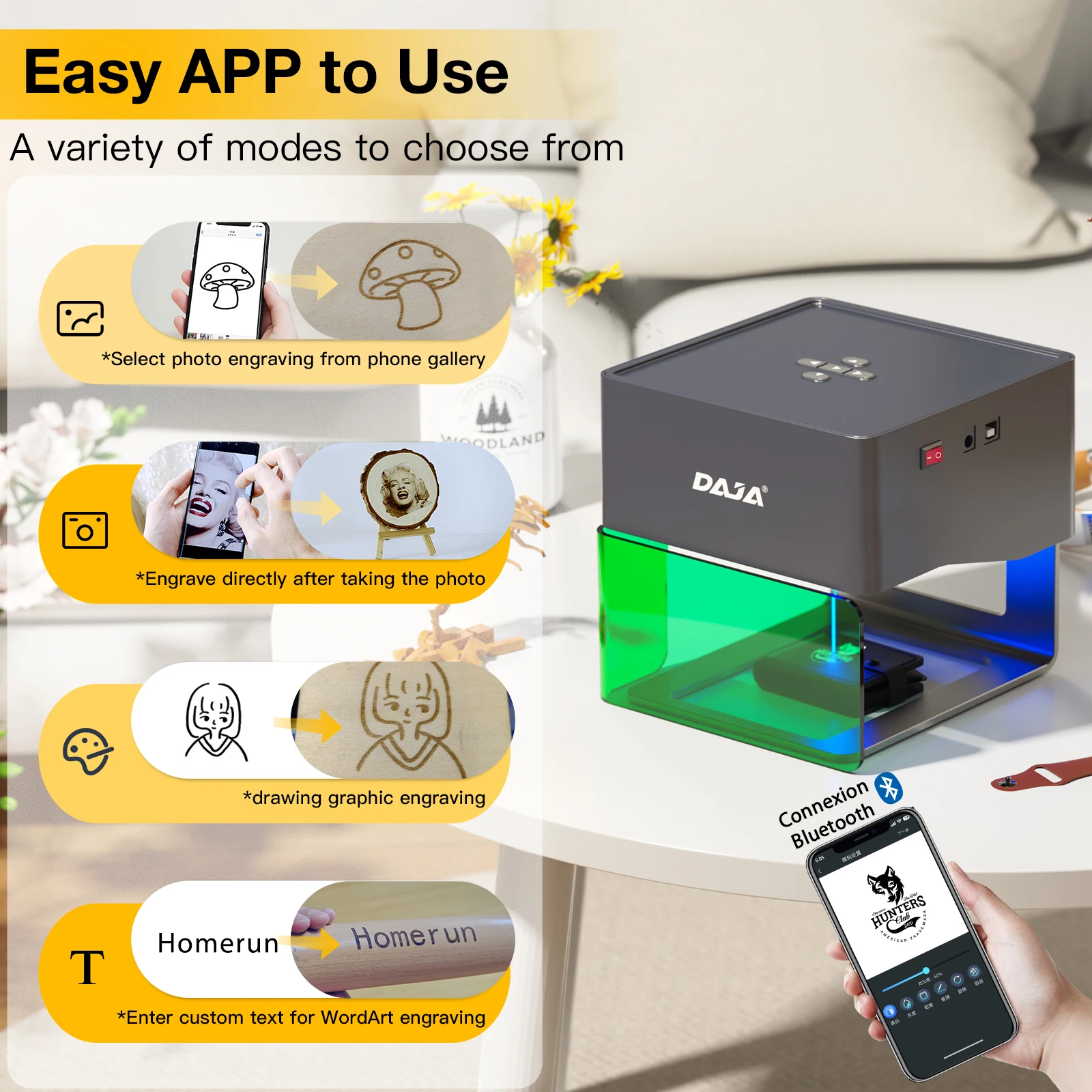 DAJA DJ6 Laser Engraving Machine Mini Portable Mobile APP Computer Laser Engraver for Engraved Painted Metal Wood Plastic Paper