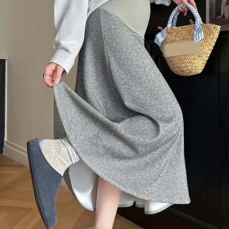 CORB Women's High Waist Over The Belly Maternity Skirt Color Pleated A Line Flared Long Skirts Pregnancy Clothes