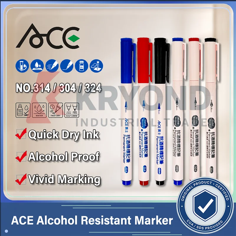 ACE 314 304 324 Alcohol Resistant Oil Based Marker Pen Waterproof Quick Dry Fine Tip for Lab Glass Plastic Labeling 0.5mm 1.0mm