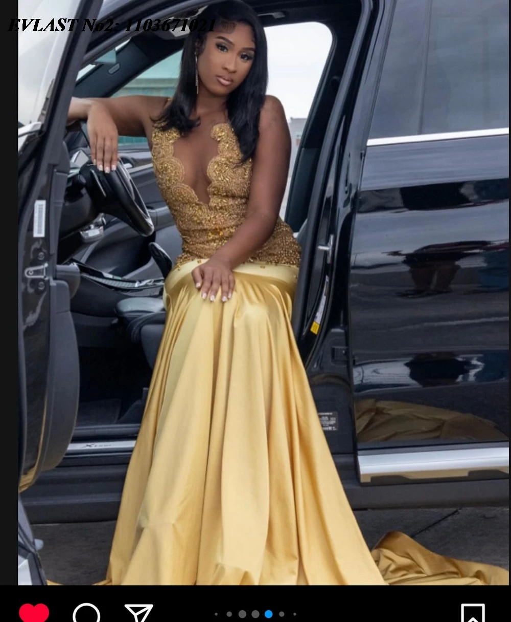 EVLAST Customized Gold Rhinestones Prom Dress Black Girls 2025 Luxury Beaded Sparkly Birthday Party African Gala Gowns E2P142