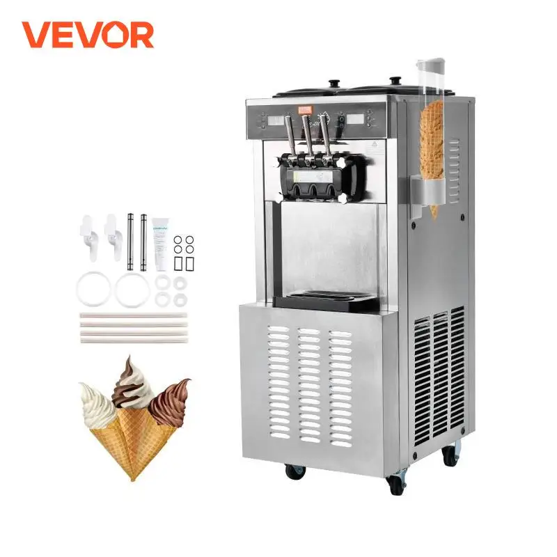 VEVOR Commercial Soft Ice Cream Machine 3 Flavors PreCooling LED Panel Allows Single Cylinder Use Overnight Refrigeration