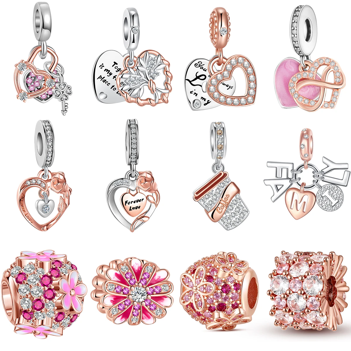 Flower Love Rose Gold Series Charms Fit Original Pandora Bracelet 925 Sterling Silver Woman Luxury Jewelry Pendant Gift Making