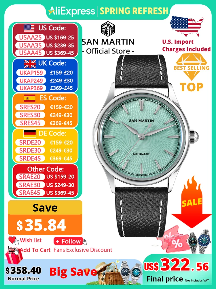 

San Martin 37mm Men Dress Watch 3D Textured Dial ST1812 Casual Fashion Automatic Mechanical Sapphire Clear Caseback SN0110