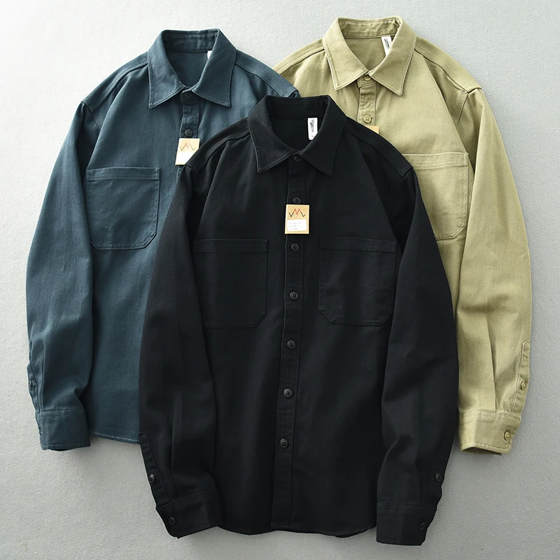 Vintage washed May khaki shirt men\'s long sleeve base lapel cotton loose casual cargo shirt