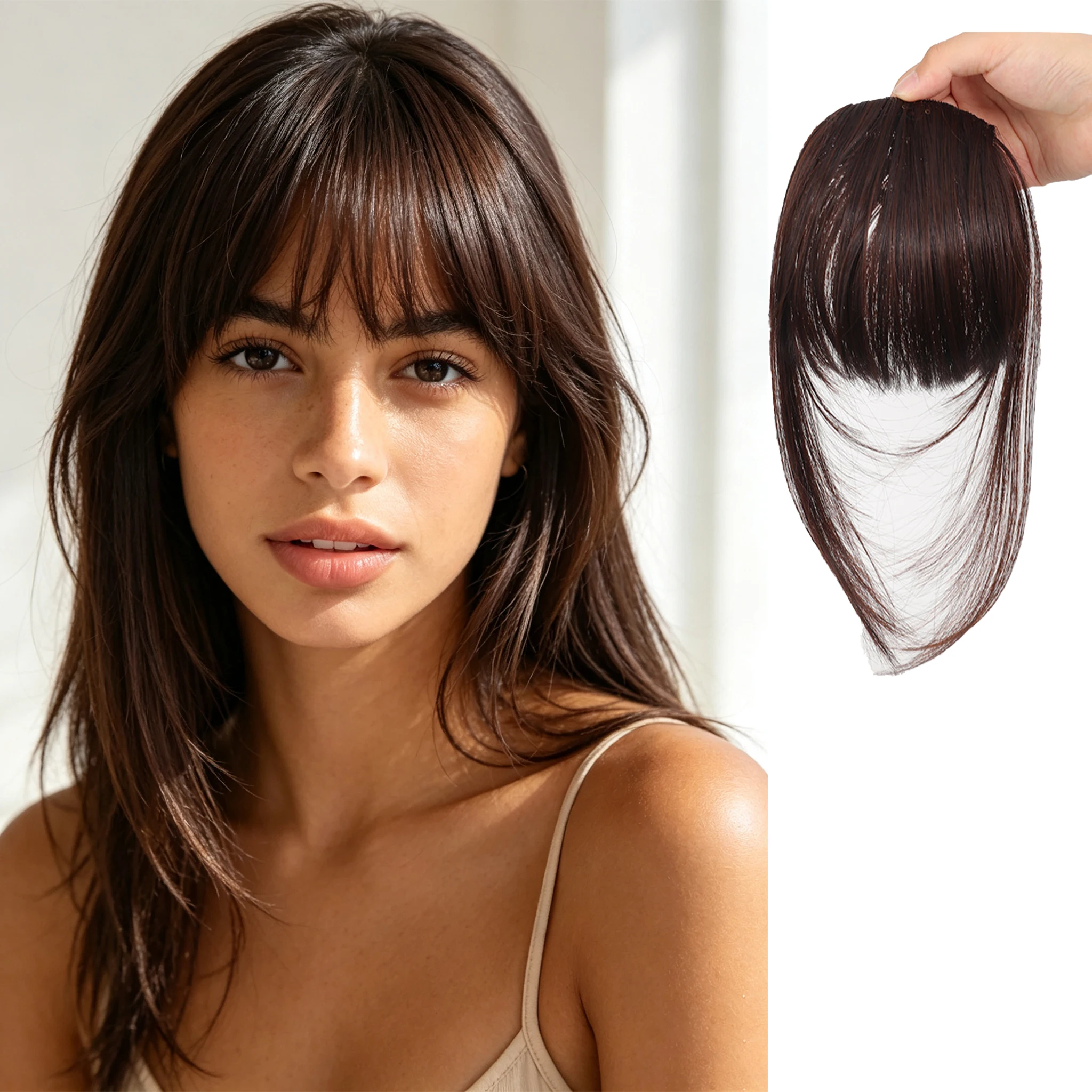 Clip-in Hair Bangs |Invisible Clips|Airy French Wispy Bangs with Temple Coverage|Curved Thin Hair for Women|Easy to Style&Blend|