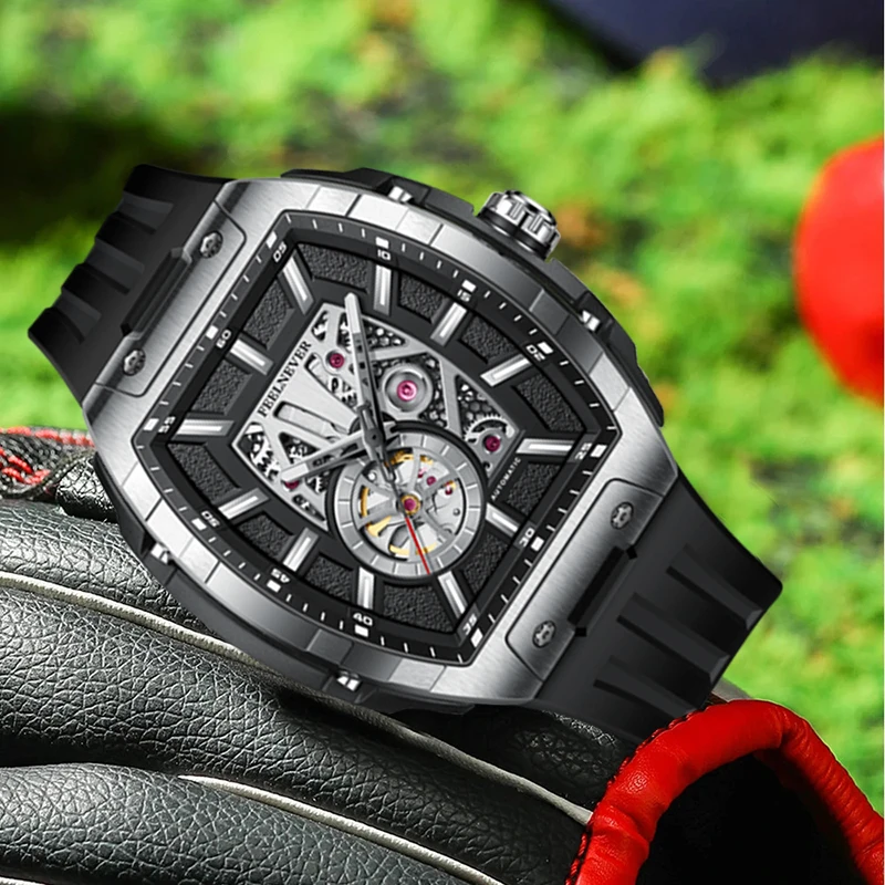 FeelNever Unique Design Mechanical Men Watches Square Casual Sport Fashion Hollow Luminous Automatic Waterproof Chronograph Gift view 2