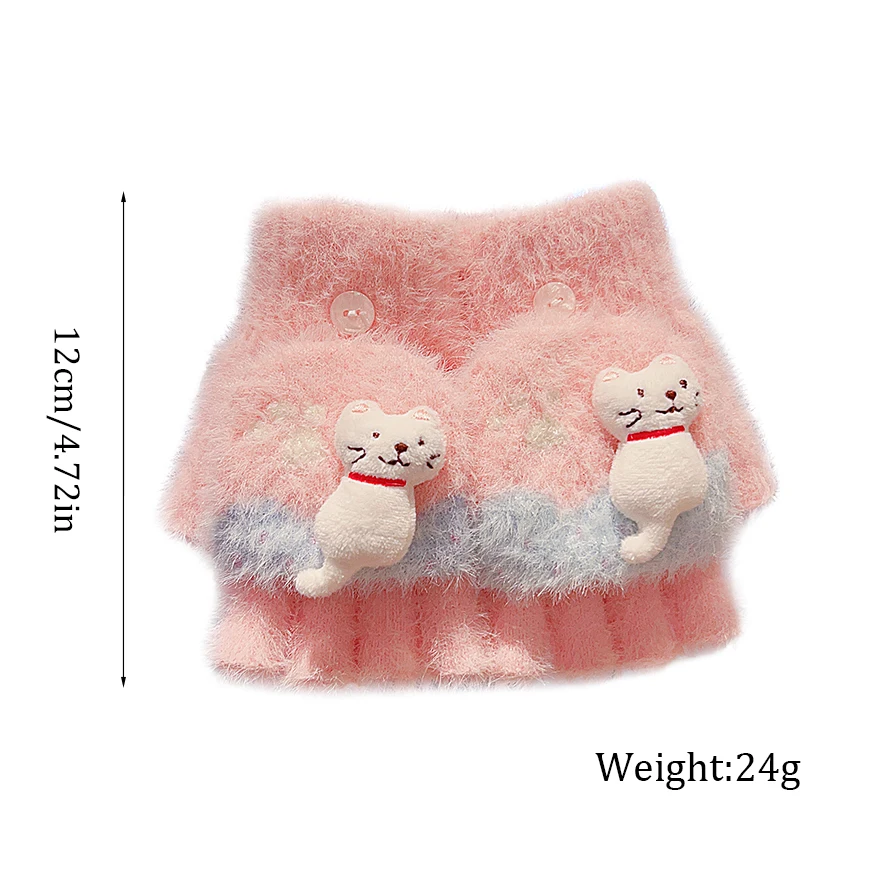 4-7Y Girls Winter 2 in 1 Convertible Flip Gloves Cute 3D Cat Decor Knitted Plush Gloves Kids Paw Print Windproof Thermal Mittens