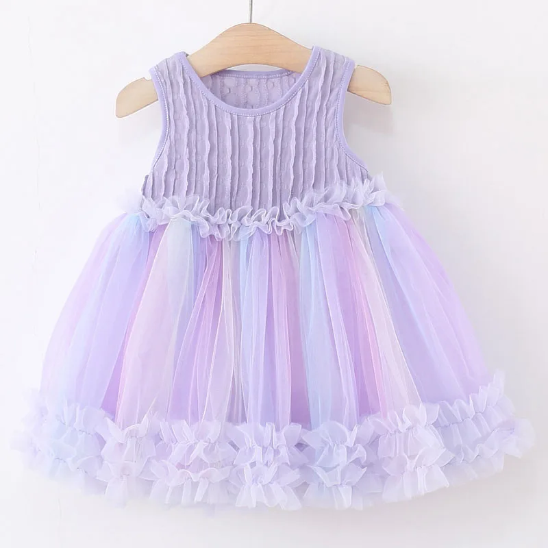 Summer Baby Clothing Girl Dresses Korean Fashion Mesh Sleeveless Princess Toddler Birthday Dress Newborn Items 3 6 9 Months B027