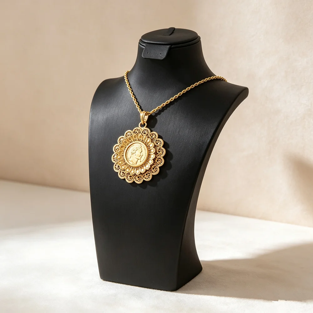 Retro round 3D Flower Coin Pendant 60cm Long Chain Necklace for Women Algerian Wedding Jewelry Carved Napoleon Coin