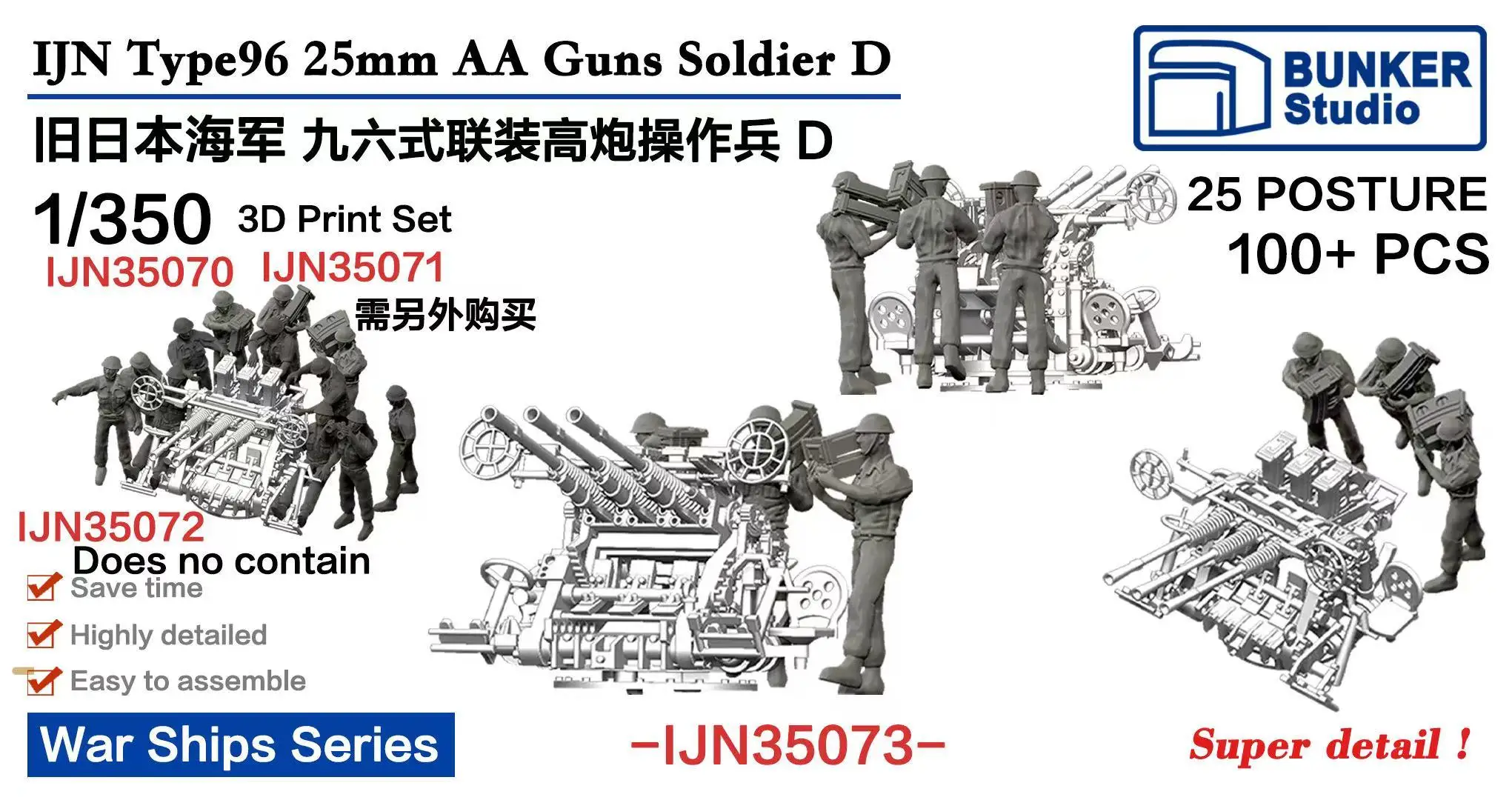 

Военные корабли IJN type 96 25 мм AA Guns Soldier D 3D Print Set3, бункер IJN35073 1/350