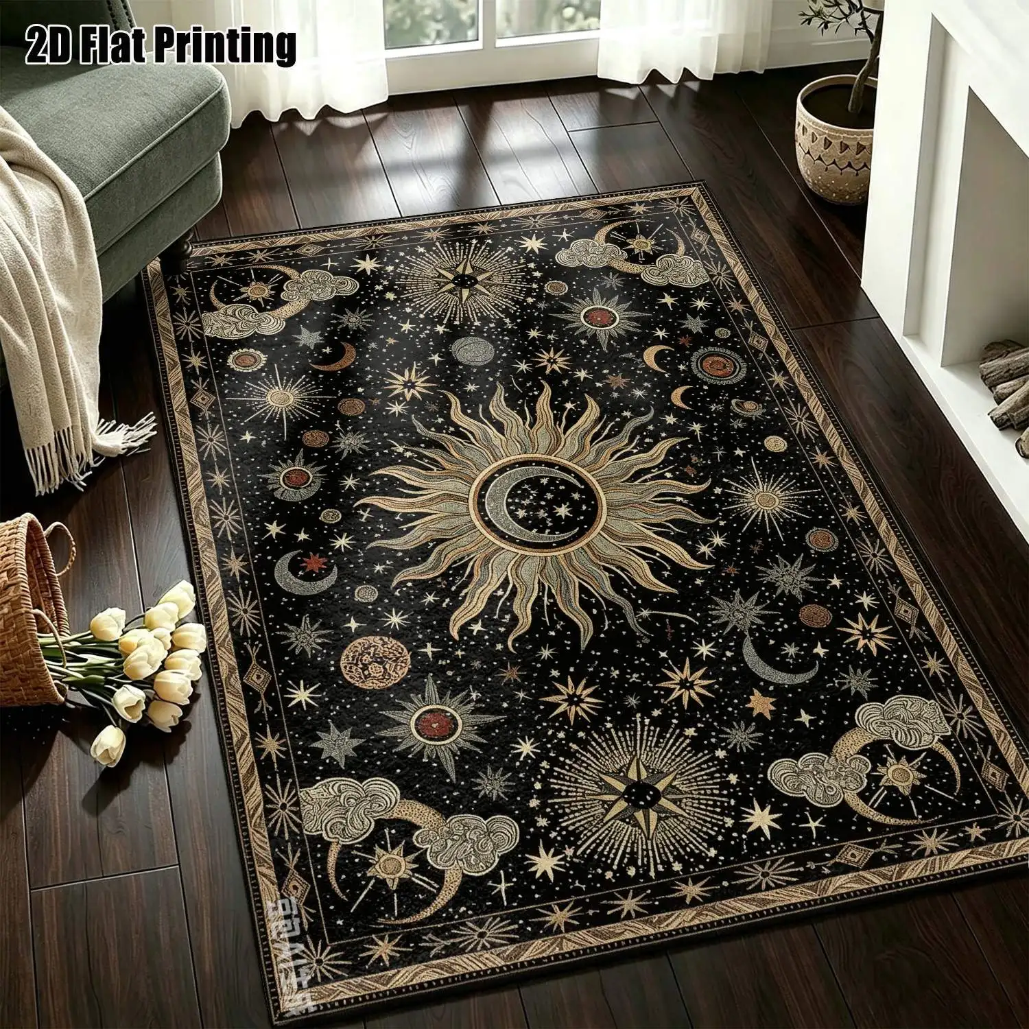 1Pc 2D Printed Carpet with Black Sun, Moon, and Star Patterns European Vintage, Bohemian, Geometric Abstract Carpet for Home Decor, Multi-Size, Machine Washable, Ideal for Entryway, Living Room, Bedroom, Dining Room, Foyer.