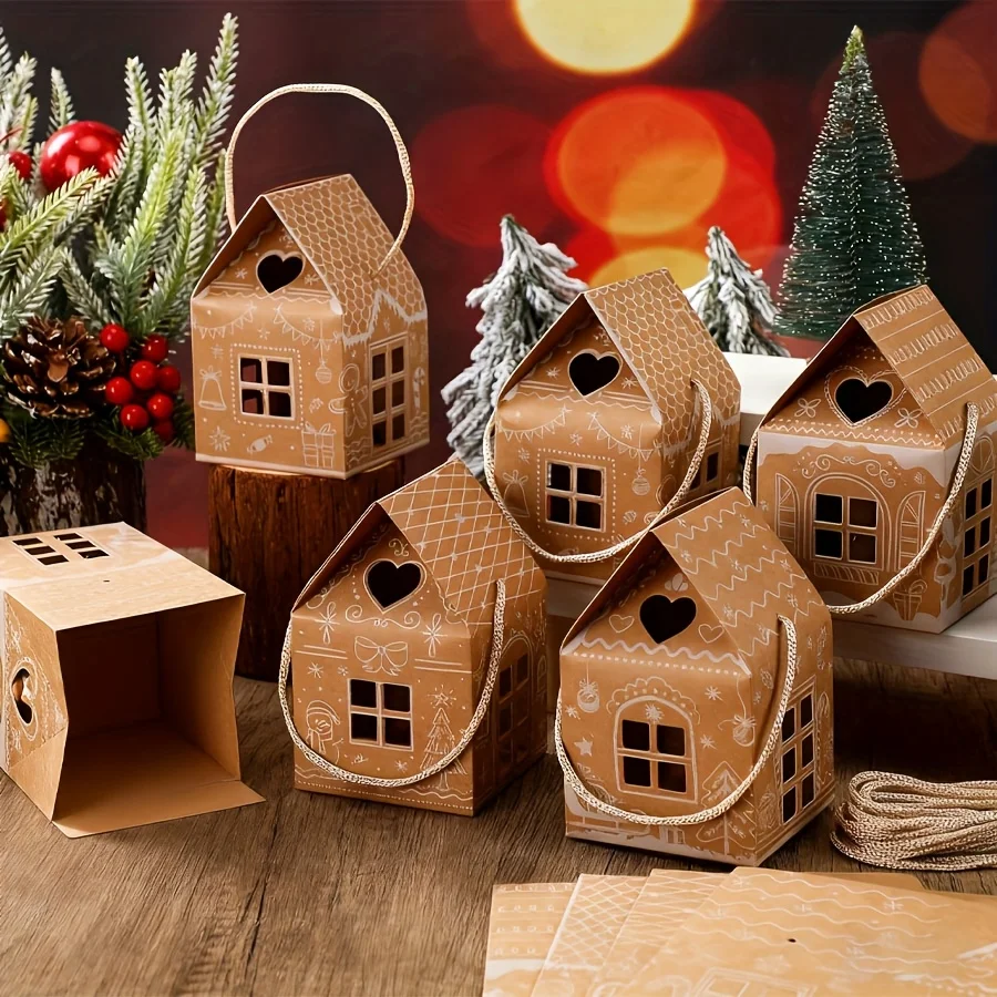 24 boîtes cadeaux en papier kraft de Noël - Contenants en forme de maison pour bonbons et biscuits, cadeaux de fête du Nouvel An