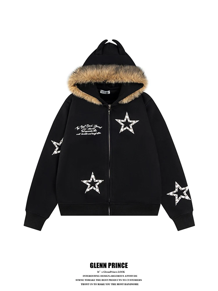 GPstudio American Retro Star Deer Horn Fur Collar Hooded Cardigan Women's Autumn Winter Design Sense Jaet Fce Lined Long...