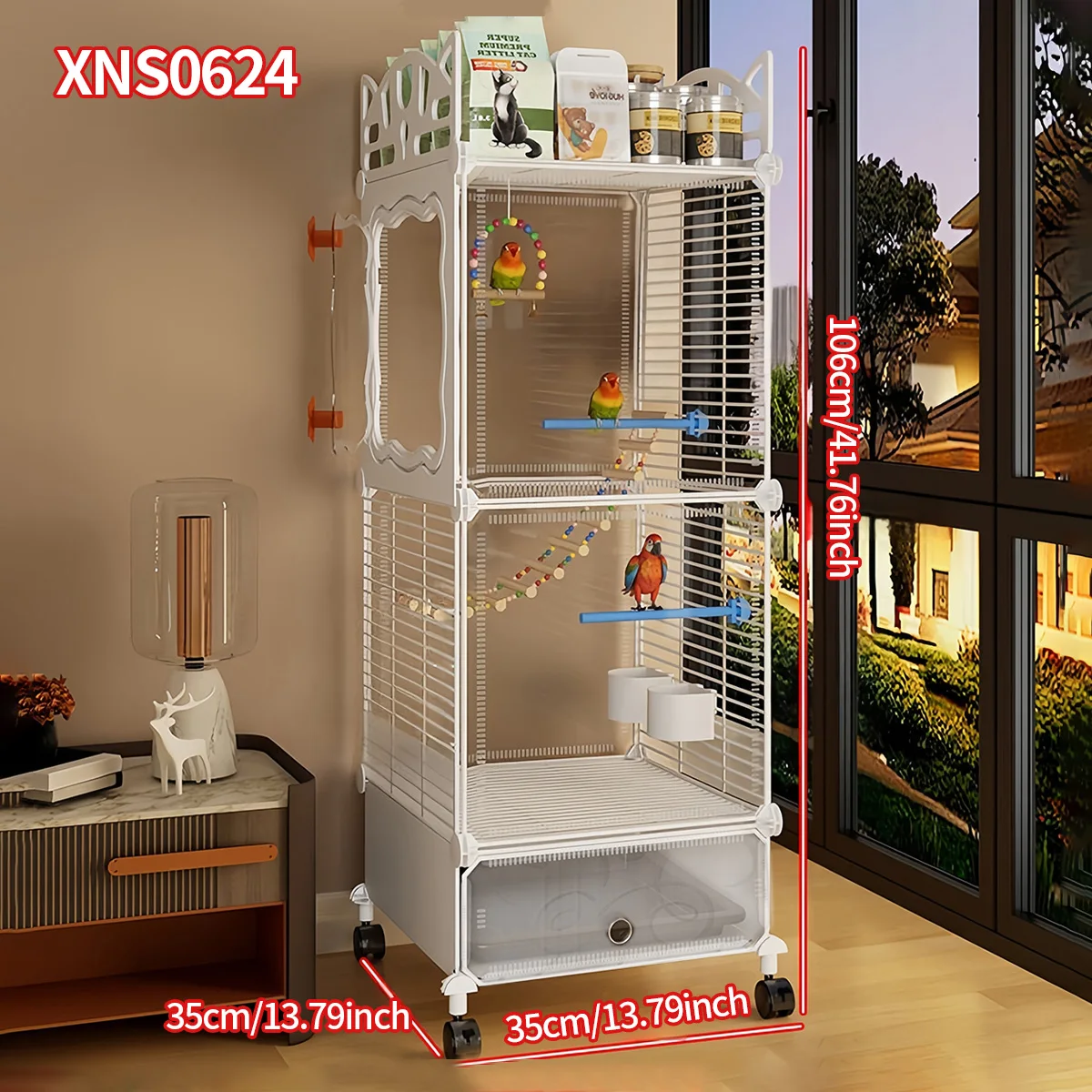 Large Transparent Assembled Bird Cage with Pull-Out Base and Swivel Wheels, Multi-Layer Detachable DIY Free-Standing Parrot Cage, Vertical Modular Birdhouse, Suitable for Budgerigars, Cockatiels, and Lovebirds; Panoramic Plastic Bird Viewing Villa, Includes Bird Play Accessories, Multiple Sizes, and Optional Pointed Roof Design