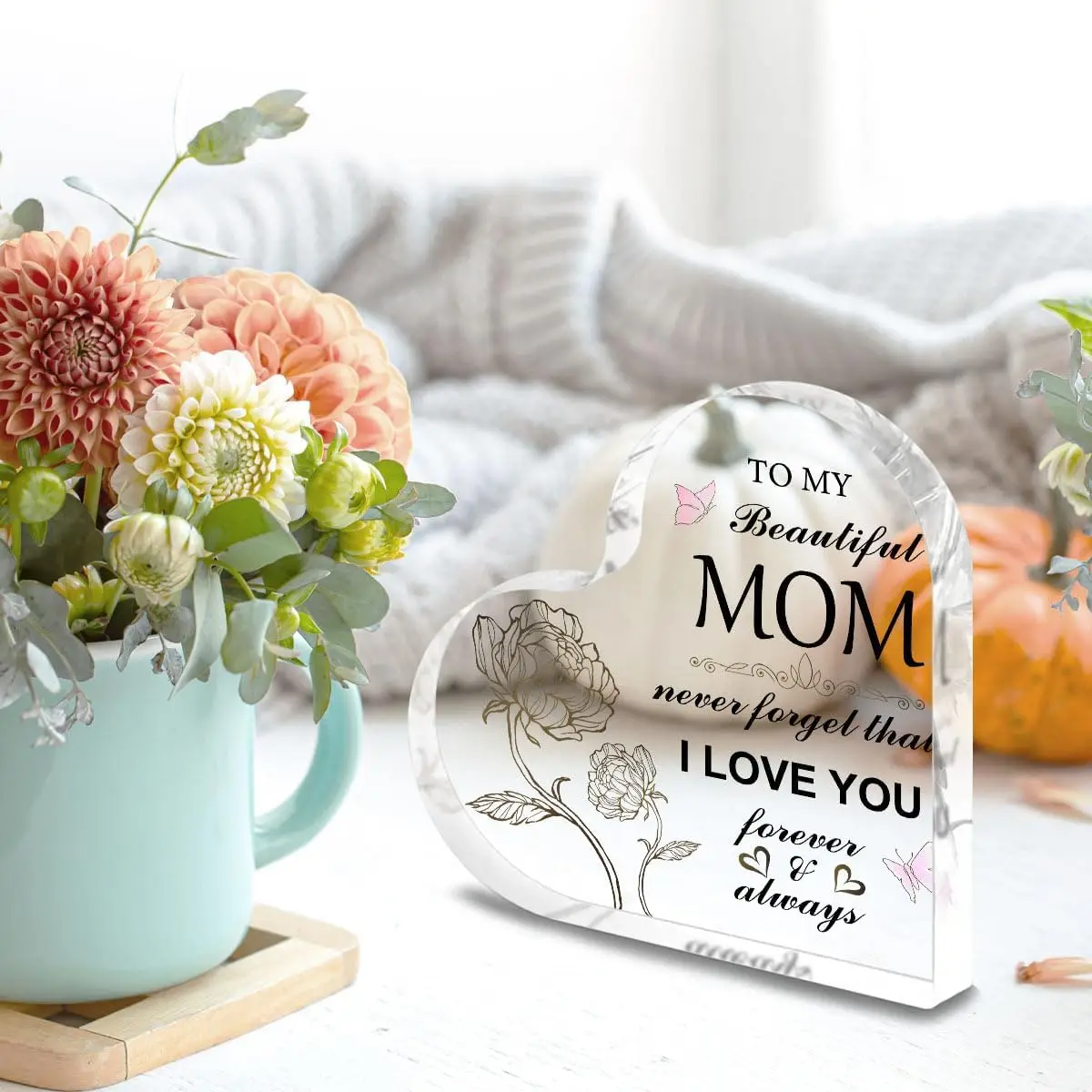 To My Beautiful Mom Heart‑Shaped Acrylic Tabletop Plaque, Gold Line Peony Pink Butterfly Mom Gift Desk Decor