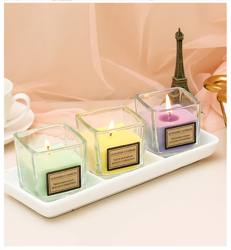 

1 Piece Fruit Flower Aromatic Candle Candy-colored Scented Candle Glass Square Cup Candle Bedroom Home Scented Decoration