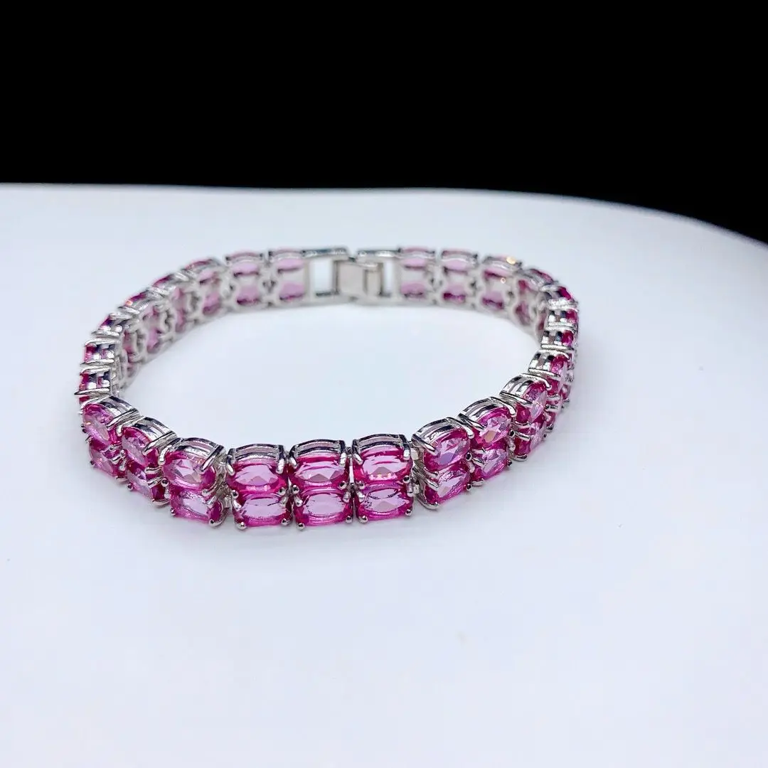 ZECAA 925 Sterling Silver Pink Topaz Bracelet for Women Natural Pink Topaz Gemstone 4*6mm Lady Silver Pink Topaz Bracelet