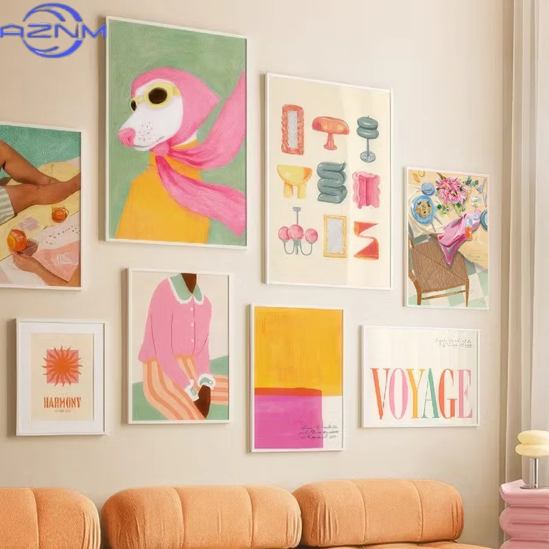 Modische Mädchen-Hund-Vase Blumen-Bananen-Abstrakte Poster und Drucke Wandkunst Leinwandgemälde Bild Hotel Bar für Wohnzimmer-Dekoration