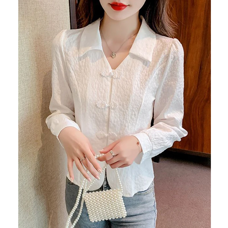 Women Clothing Spring Autumn Trendy Vintage Chic Sweet Button Shirts Elegant Solid V Neck Blouses Female Casual Long Sleeve Tops