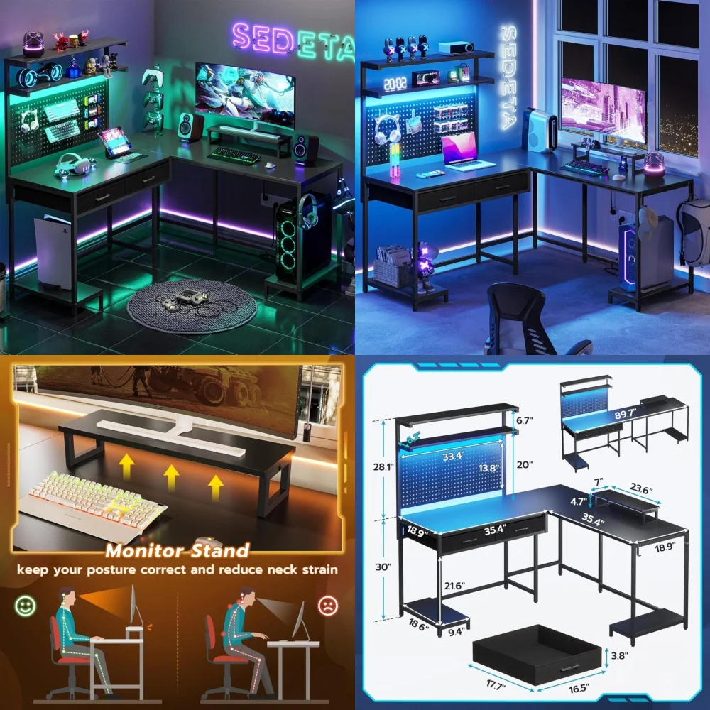 

Computer desksL shaped gaming desk with LED lights and monitor stand PC table for home office ergonomic computer desk with RGB