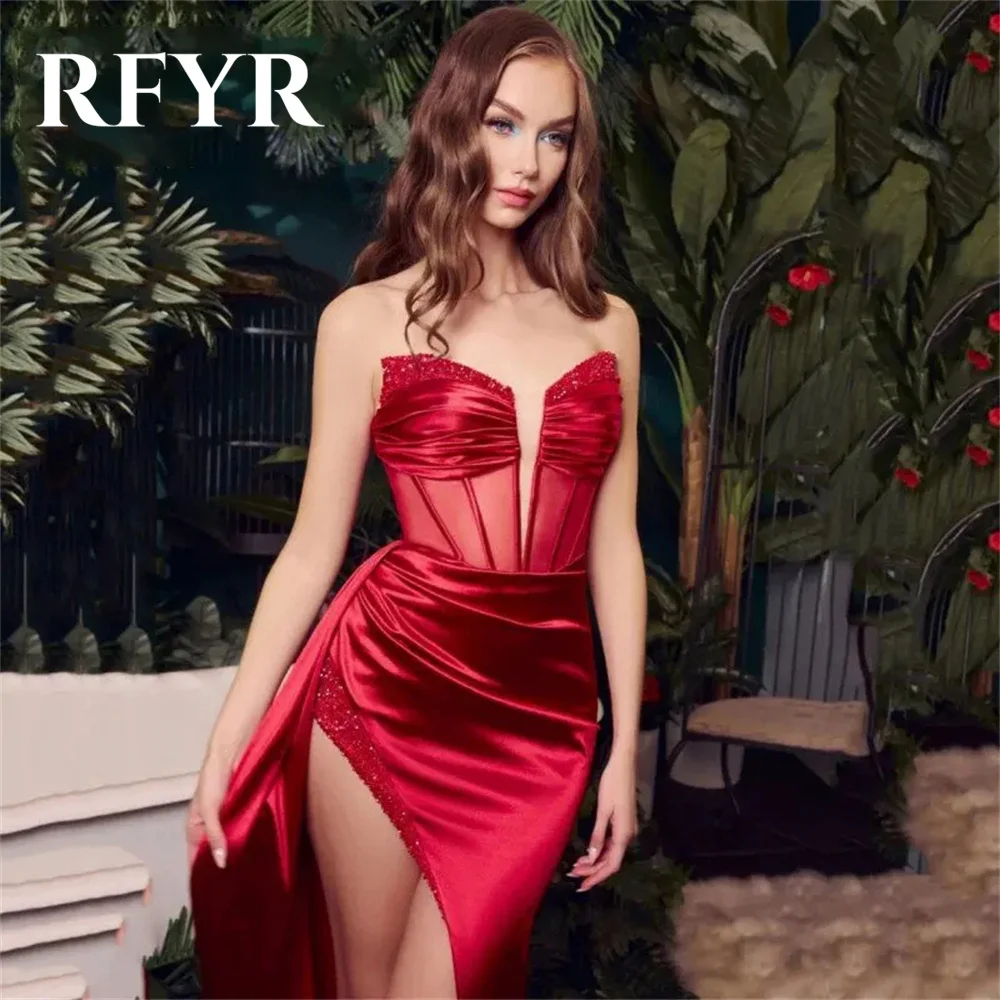 RFYR Black Mermaid Sexy Special Occasion Dresses Stain Formal Gown Long Evening Dresses with Split Pleat vestidos de fiesta