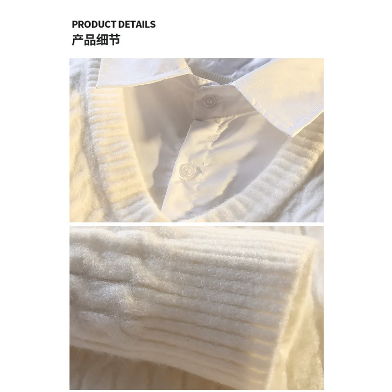 Fake Two-piece Shirt Sweater Pullover Spliced   long-sleeved Casual Fashion Top