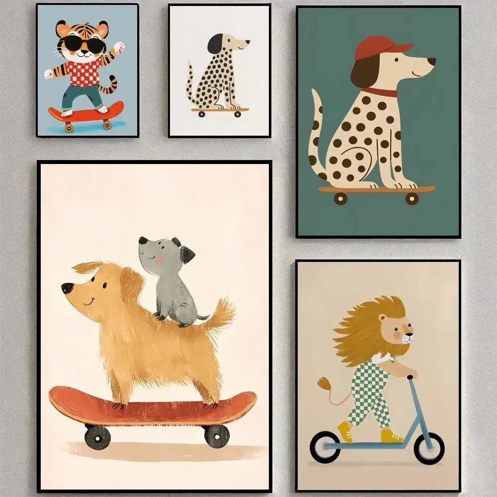 1pc Fun Rabbit Dog Bear Cat Lion Skateboard Poster HD Home Decor Sticky Wall Waterproof Home Living Room Bar Aesthetic Decor