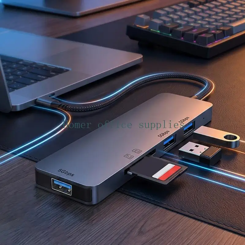 K43B USB C Expansion Adapter with 3 USB-A Access Channels and Simultaneous Two-Card Reading, Metal Housing and Reinforced Cable