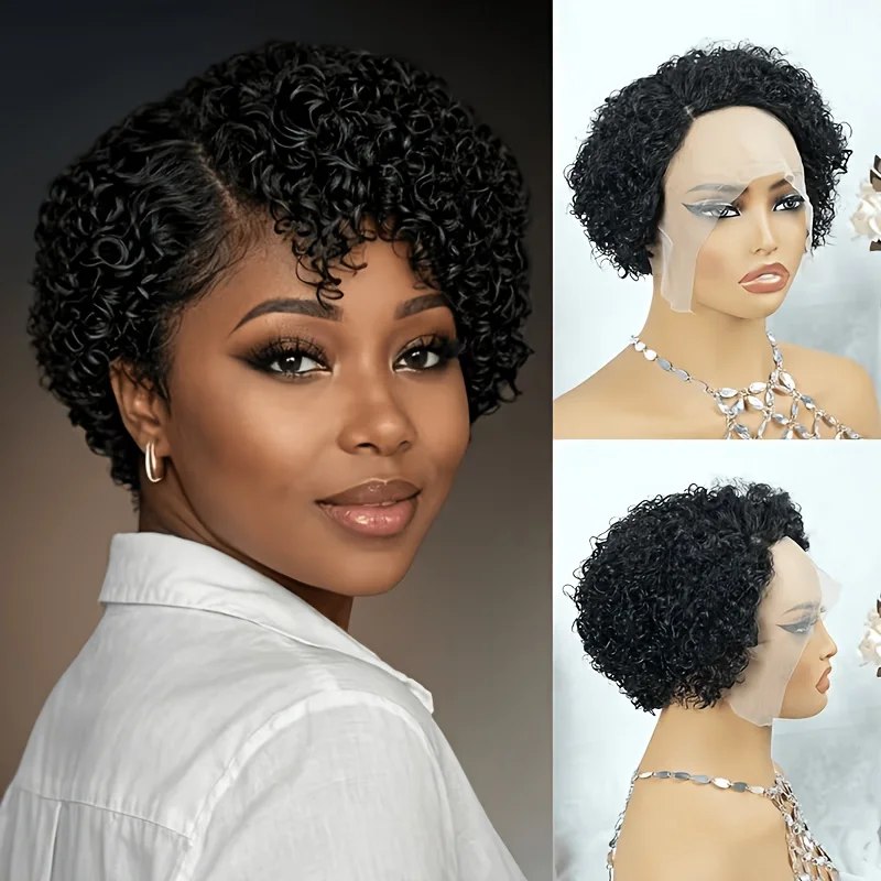 13X4X1 Lace Front Wigs for Women Curly Wave Pixie Cut Human Hair Wigs  180% Density Natural Look Full Volume Lace Frontal Wigs