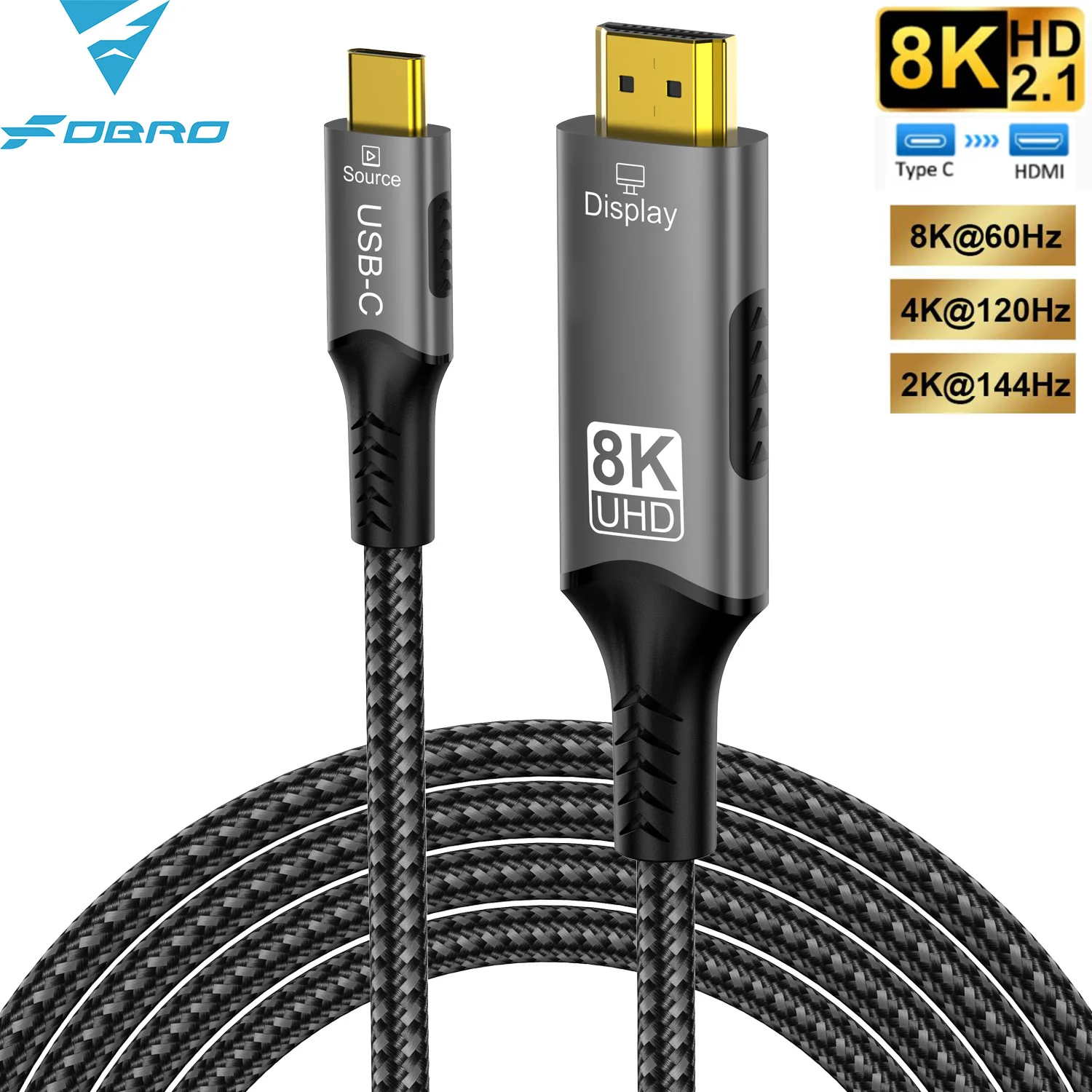 Type C naar HDMI-kabel 8K@60Hz 4K@120Hz 2K@240Hz USB C naar HDMI 2.1-snoer Compatibel voor TV-converter MacBook iPad Samsung Galaxy - afbeelding 2