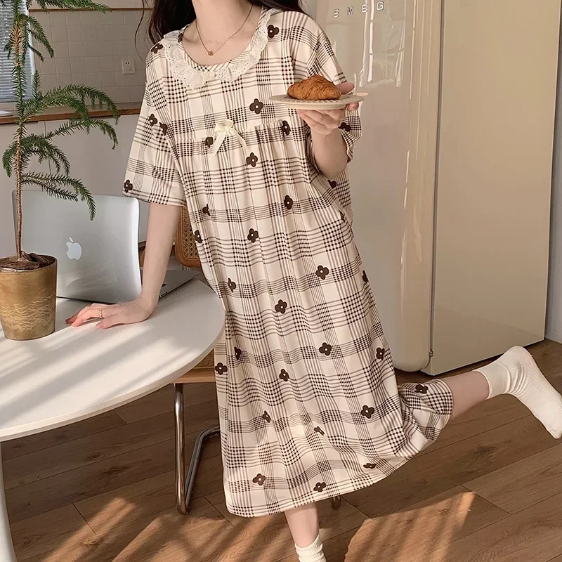 100kg Plus Size Loose Pajamas Women Summer Imitation Cotton Long Nightdress Short Sleeve Lace Literary Floral Dress Home Clothes