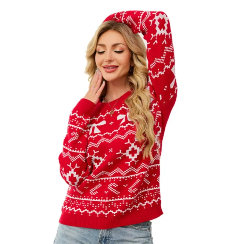 Snowflake & Festive Design Casual Knitted Red Top Warm for Holiday Outfits & Daily Wear 2025 Winter Women's Christmas Sweater