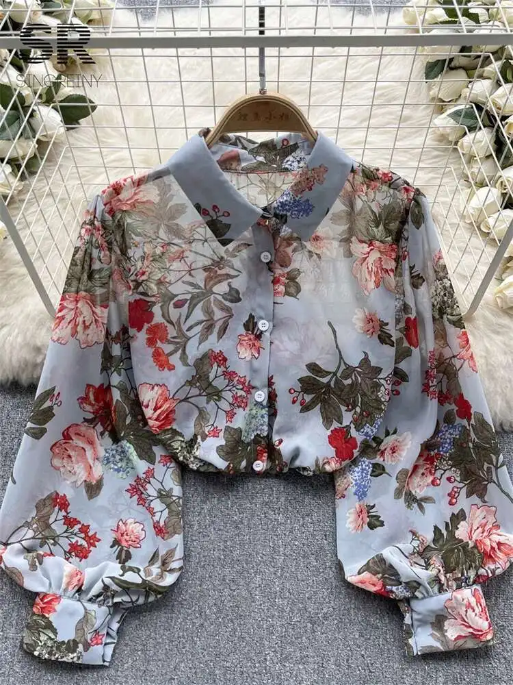 

BabYoung Floral Print Loose Shirt Women Elegant Lantern Sleeve Lapel High Quality Fashion Lady Spring Summer Vacation Blouse