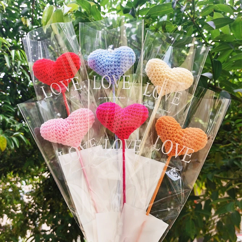 Creative Hand Woven Artificial Flowers Crochet Love Heart Yarn Knitting Bouquet Colorful Floral Branch Home Party Decor Gifts